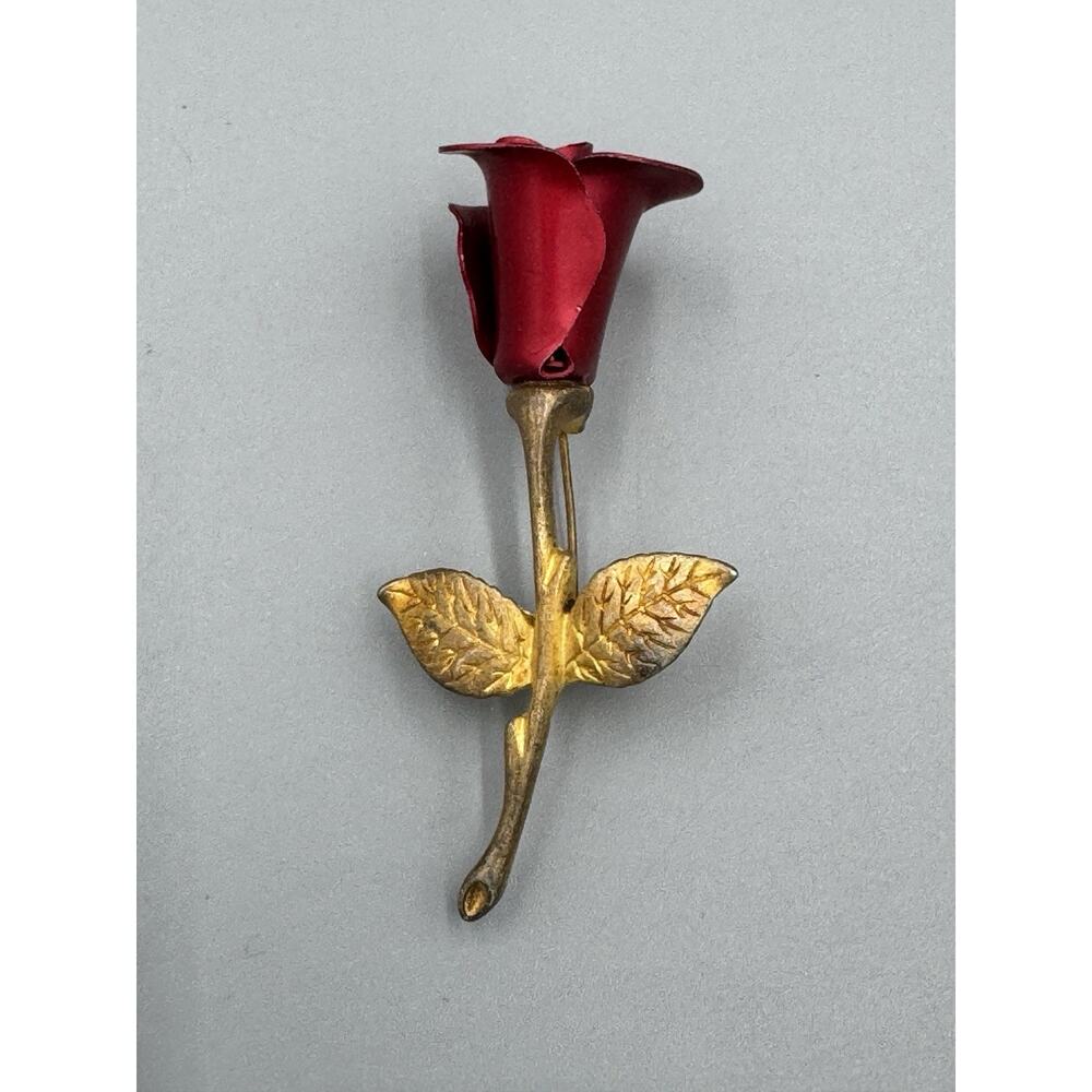 Vintage Avon Red Rose Bud Gold Colored Stem Brooch Lapel Pin